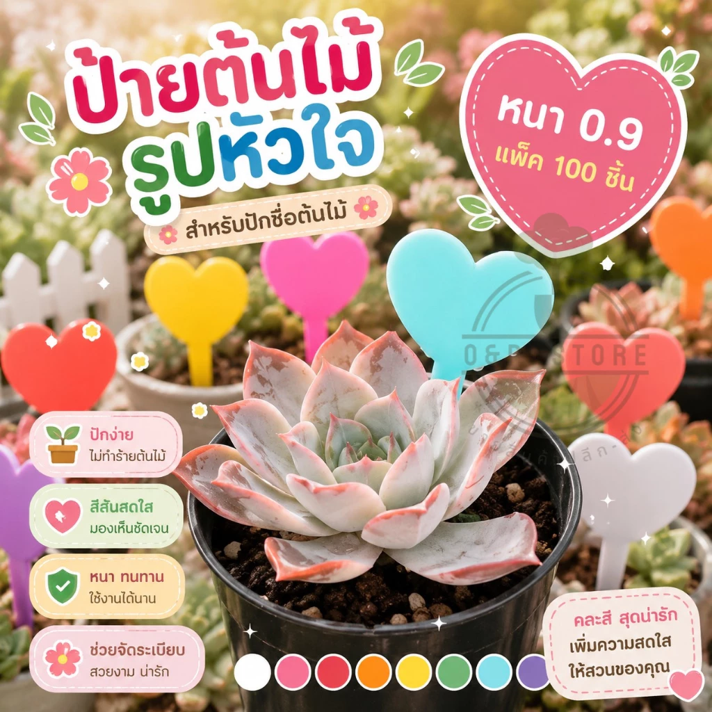 ป้ายชื่อต้นไม้พลาสติก รูปหัวใจ แบบหนา 0.9 มม 100 ชิ้นแถมปากกาคละสี1ด้าม O&P