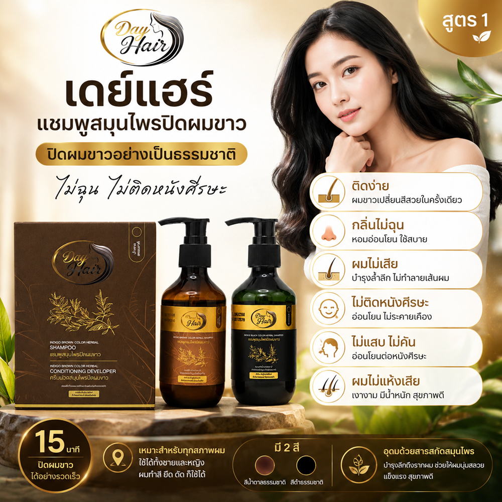 [สูตร 1] --DayHair เดย์แฮร์ แชมพูสมุนไพรปิดผมขาว | สีธรรมชาติ | แชมพูปิดผมขาวปลอดภัย กลิ่นไม่ฉุน ไม่ติดหนังศีรษ