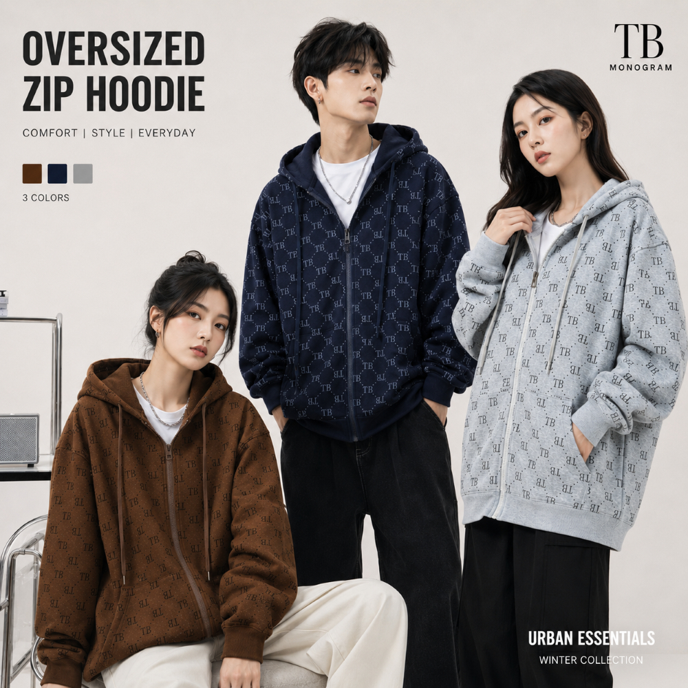 ฮู๊ดดี้ แขนยาว เสื้อกันหนาวมีฮู้ดมีซิป โมโนแกรม ลาย TB 🔥New Arrival🔥 Hoodie Zipper ส่งด่วน ส่งไว 24 ชม.