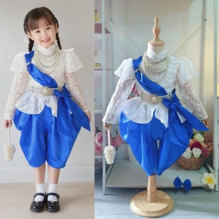 KT พร้อมส่ง 👗 ชุดไทยเด็กผ้าลูกไม้+ผ้าพาด กลัดโบว์ +โจงกระเบนสีไวน์สุดหรู 🎀 แถมกิ๊บโบว์ติดผม