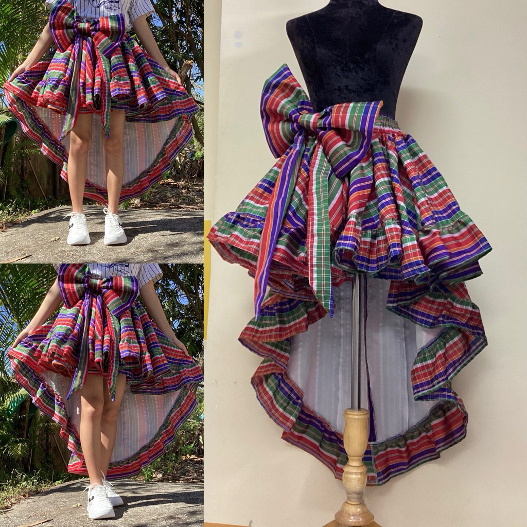 กระโปรงหน้าสั้นหลังยาวผ้าขาวม้าผ้าไทยพร้อมโบสุดเก๋แบรนด์โมเน่Handmadeสไตล์อินเตอร์ สุดแซ่บพร้อมโบชุดออกงาน