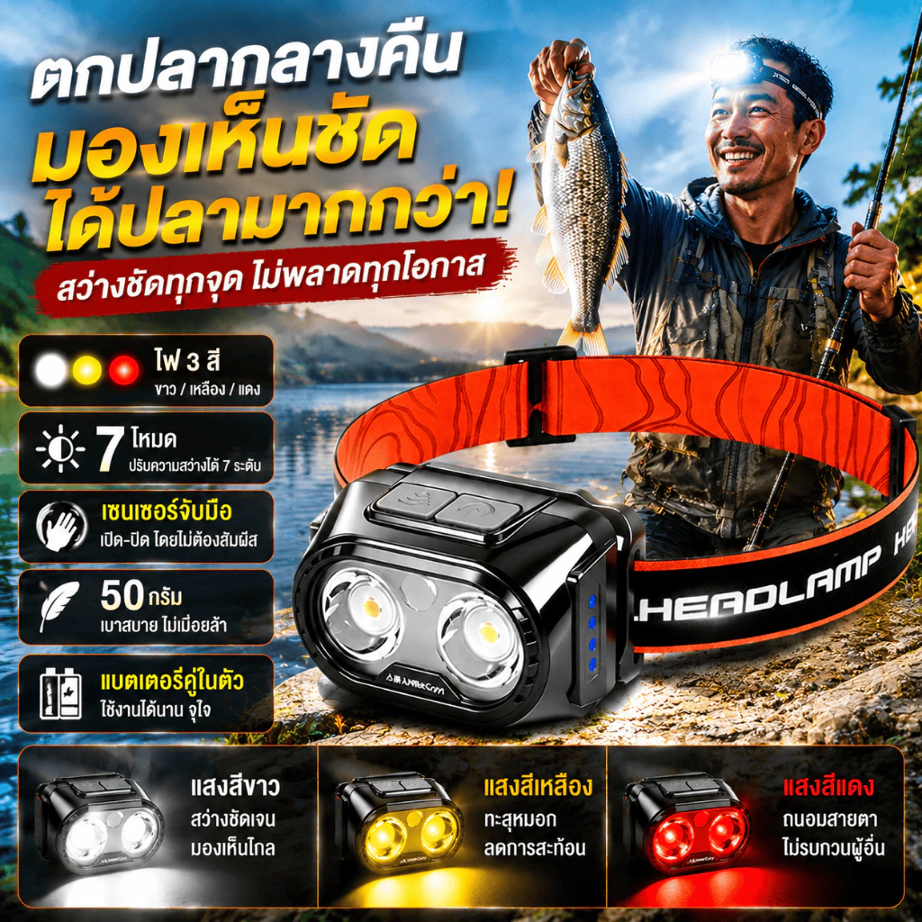 ไฟฉายคาดหัวแท้LED3สีปรับระดับไฟได้7ระดับ ไฟฉายแรงสูง แบตอึด ไฟส่องกบ ไฟคาดหัวแรงสูง ไฟสายคาดหัว ไฟฉายคาดหัว ไฟส่องสัตว์