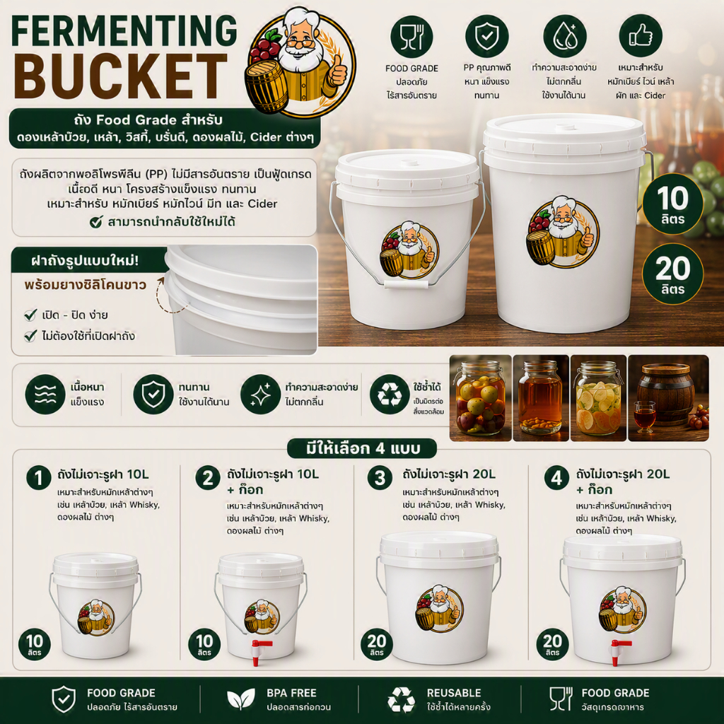 [Fermenting Bucket] ถัง Food Grade สำหรับ ดองเหล้าบ๊วย, เหล้า, วิสกี้, บรั่นดี, ดองผลไม้, Cider ต่างๆ  ขนาด 10, 20 ลิตร