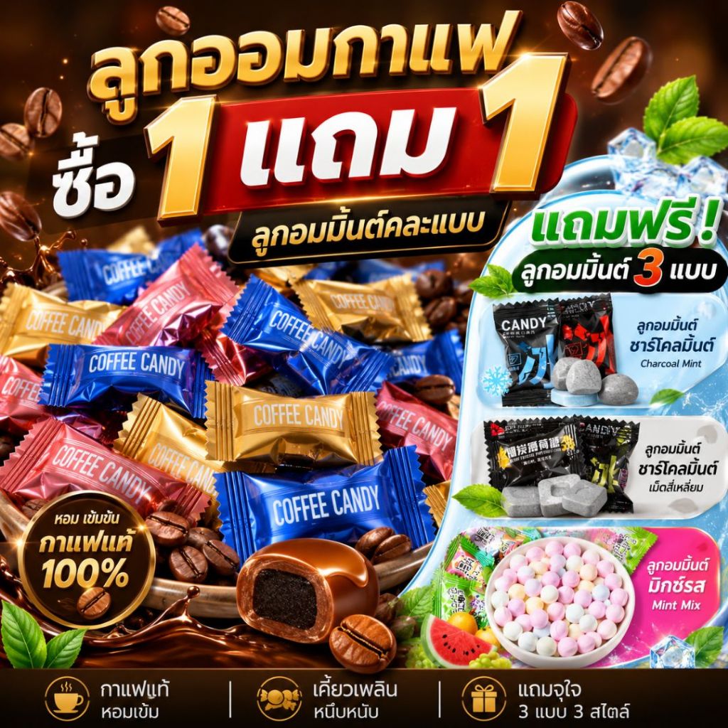 [1แถม1] ลูกอมกาแฟ ลูกอมจิ๋ว coffee candy เม็ดละ1กรัม (50เม็ด/100เม็ด) กาแฟแท้อัดเม็ด รสชาติเช้มถึงรส หวานน้อย ลูกอมกาแฟเ