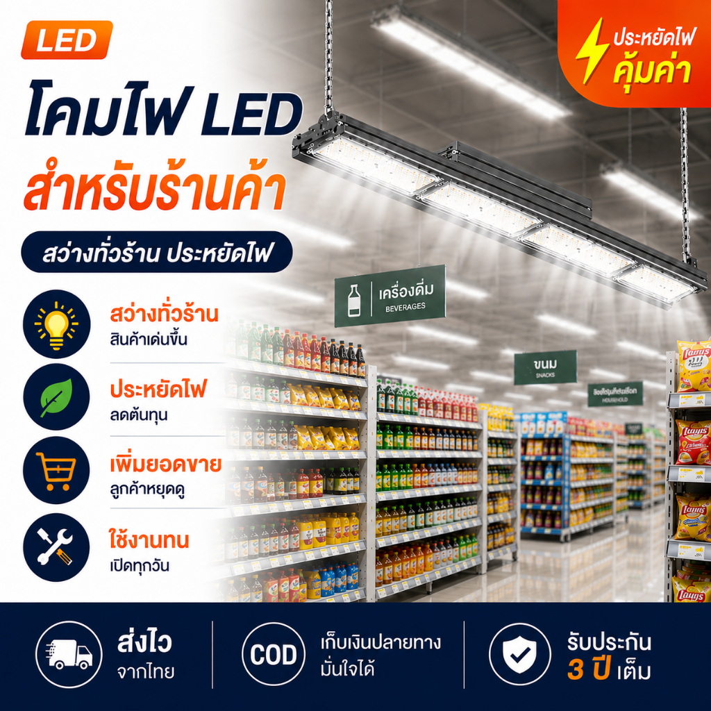 ส่งไวจากไทย โคมไฟ LED Linear High Bay โคมไฟโรงงาน โคมไฟโกดัง โคมไฟร้านค้า ประหยัดไฟ แสงสว่างสูง IP65 100W 150W 200W 300W