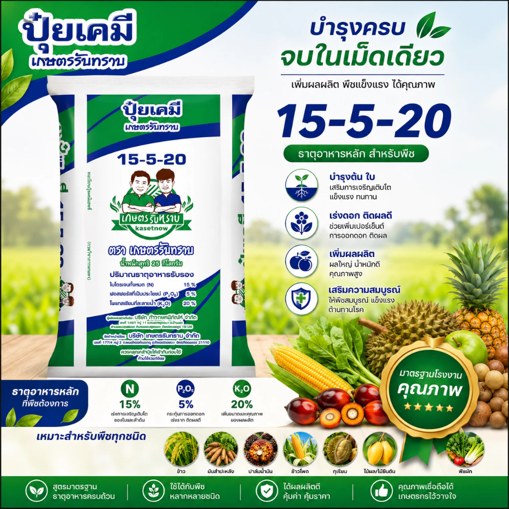 ปุ๋ยเคมี 15-5-20 ตรา เกษตรรับทราบ ขนาด25kg สั่งครั้งละ1กระสอบเท่านั้น