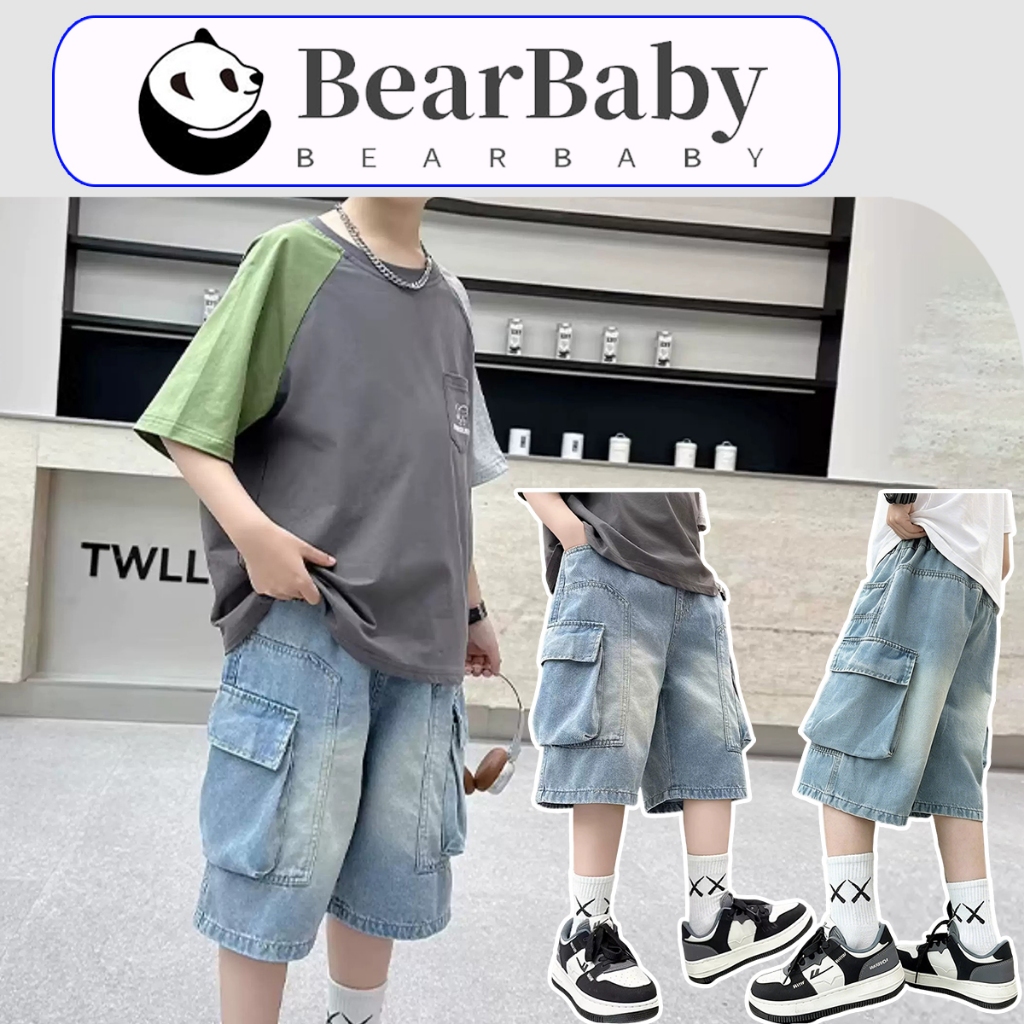 BEAR BABY กางเกงยีนส์ขาห้าส่วนเด็ก แบบคาร์โก้ ทรงหลวม แมทช์ง่าย ทันสมัย ​​ใส่สบาย เอวยืด มีไซส์ 120-170