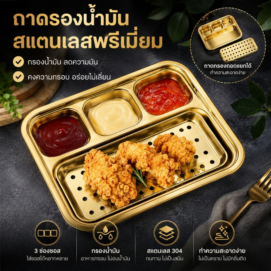 ถาดกรองน้ำมันของทอด สแตนเลส 304 ไม่เป็นสนิม ถอดกรองได้ 3 ช่องน้ำจิ้ม ทนความร้อน ล้างง่าย อเนกประสงค์