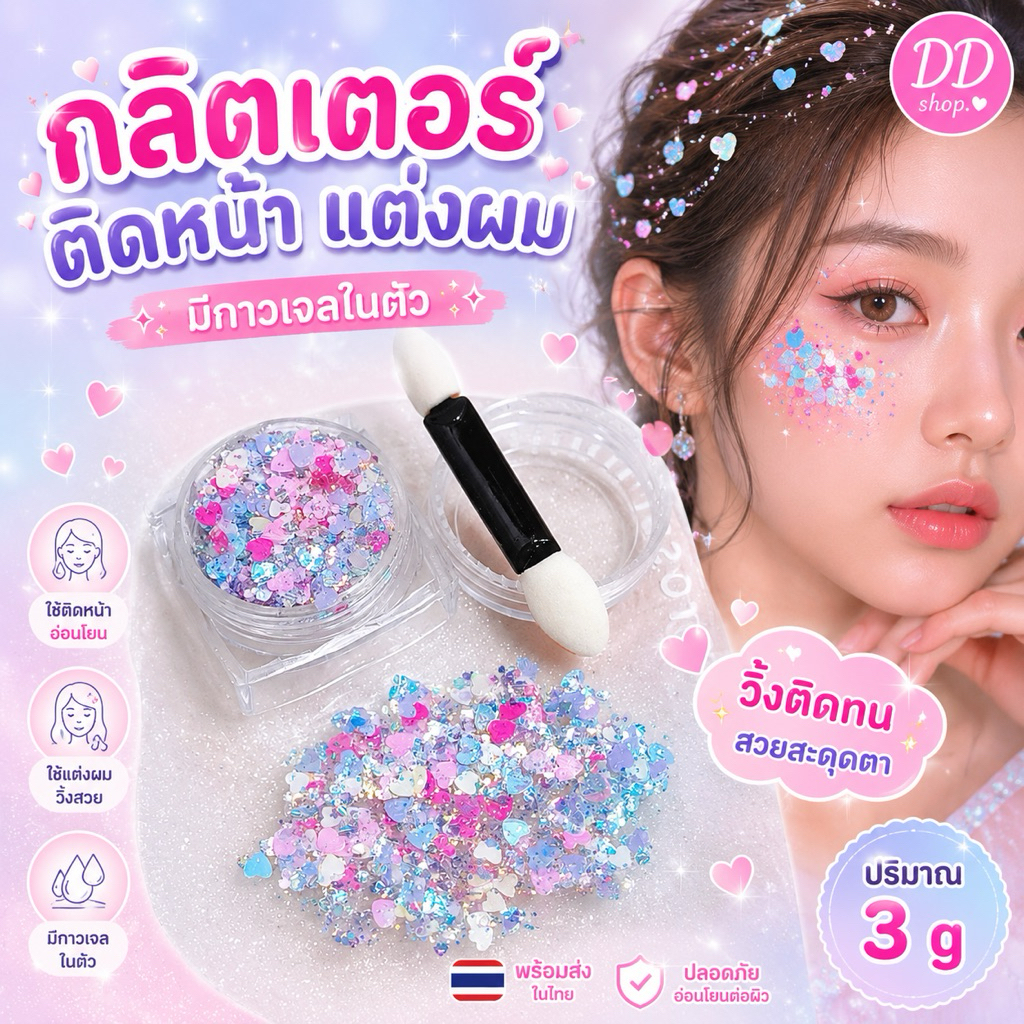 พร้อมส่ง กลิตเตอร์แต่งหน้า 1 พาเลท 6 ตลับ มีกาวในตัว อายแชโดว์  เจลกากเพชร แต่งหน้า แต่งผม