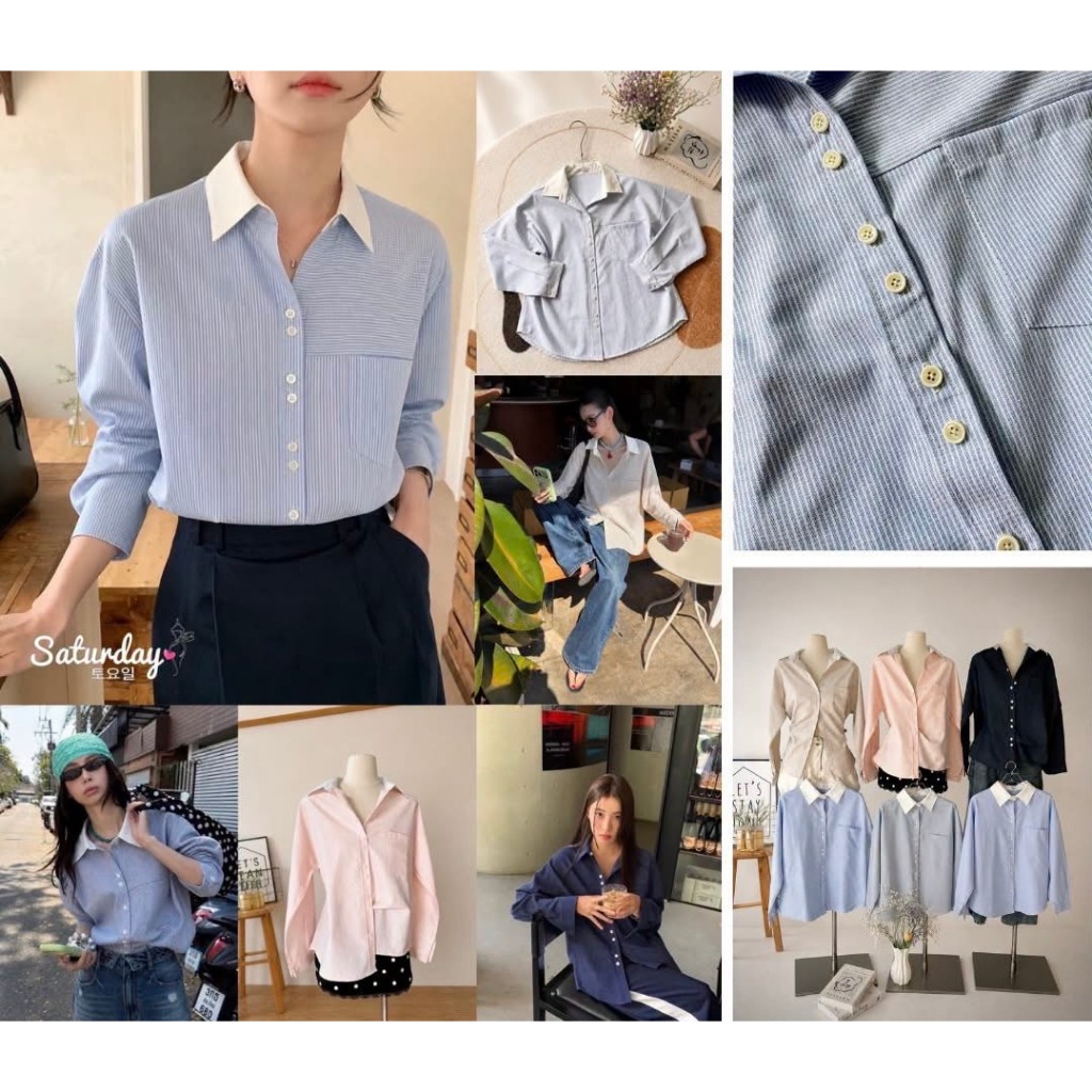 ป้าย Saturday เสื้อเชิ้ตผ้าริ้วแต่งปกขาว อก 44 นิ้ว ยาว 24 นิ้ว