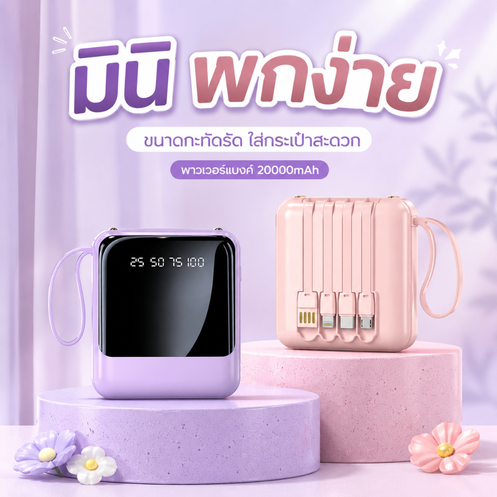 แบตสำรอง 20000mAh ทรงสี่เหลี่ยมกะทัดรัด สายUSBแยก4หัว ชาร์จเร็ว รองรับครบทุกอุปกรณ์ ขึ้นเครื่องได้ mini powerbank