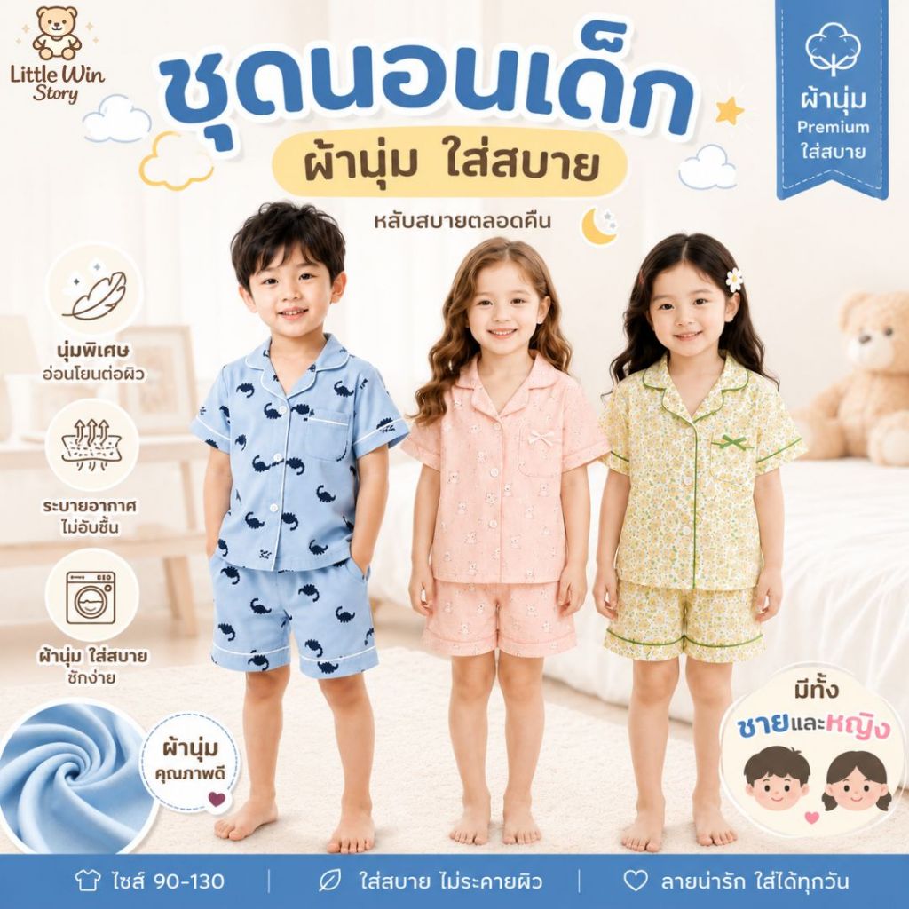 ชุดนอนเด็ก Little Win Story ผ้านุ่ม ใส่สบาย แขนสั้น ขาสั้น เด็กชายเด็กหญิง