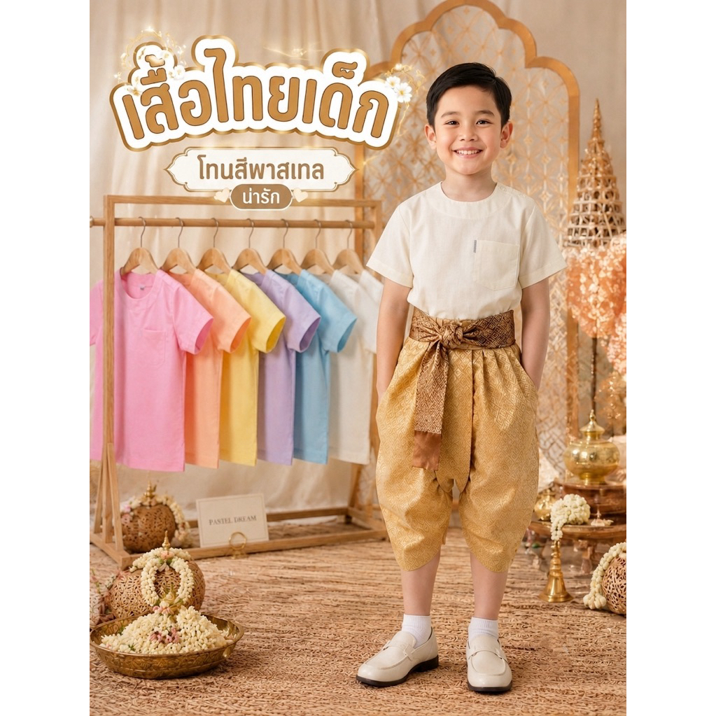 ชุดไทยเด็กชาย เสื้อคอกลมกระดุมบ่า โทนสีพาสเทล ใส่ไปโรงเรียน  (สำหรับเด็กๆ)