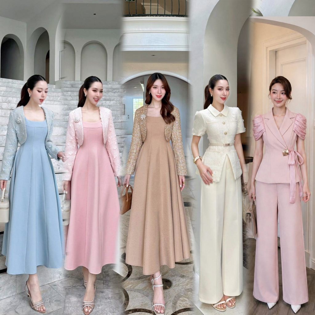 S-XXL ชุดเซท 2ชิ้น เสื้อผ้าทวีด+กระโปรง,กางเกง สีครีม ชมพู ฟ้า ดำ น้ำตาล #lalabelle