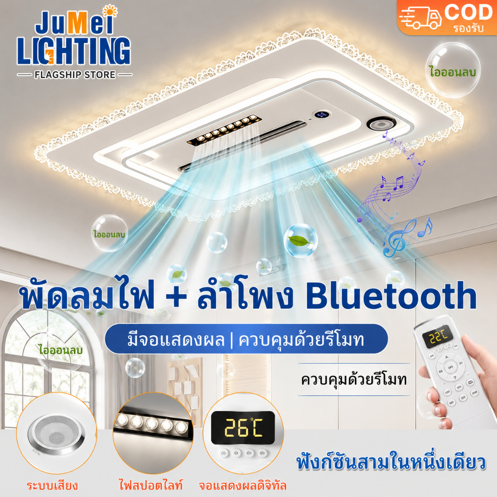 【JuMei】โคมไฟเพดาน LED พร้อมพัดลม พัดลมติดเพดาน โคมไฟติดเพดาน ลำโพงบลูทูธในตัว รีโมทคอนโทรล ปรับแสง 3 สี ห้องนอน ห้องนั่ง