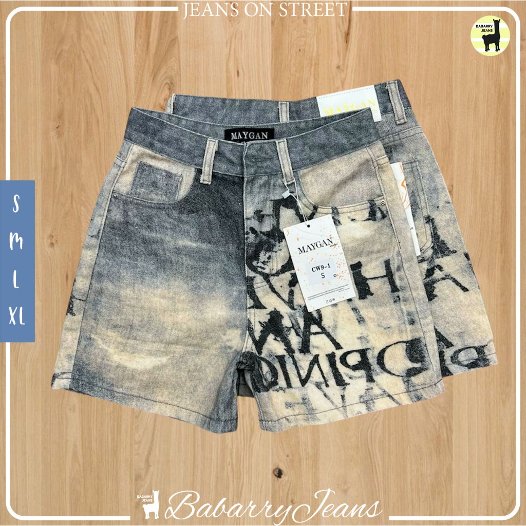Babarry Style ยีนส์ขาสั้น ผู้หญิง ผ้าปริ้นลาย ทรงสวย เท่ห์มีสไตล์ ยาว 15.5 นิ้ว M-G