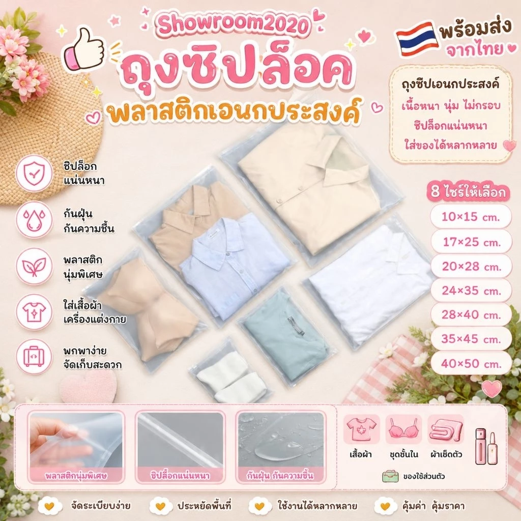 🇹🇭พร้อมส่งจากไทย🇹🇭ถุงซิปเอนกประสงค์ไม่มีลายแบบขุ่น ไม่เจาะรู มี8ไซร์