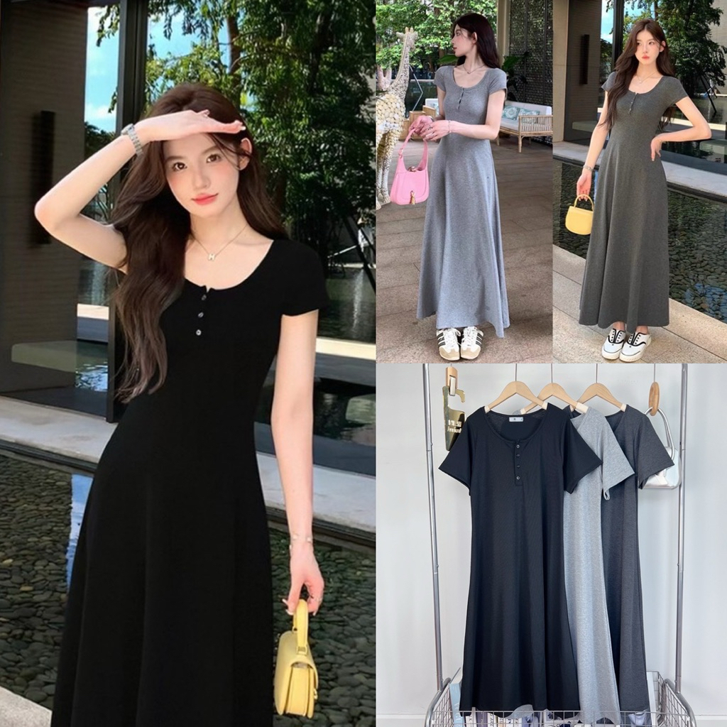 /YY/ เดรสยาวคอกลม ไซส์อก40-52 กระดุมอก ผ้าไหมพรมร่องทิ้งตัว ใส่สบาย #สาวอวบอ้วน พลัสไซส์