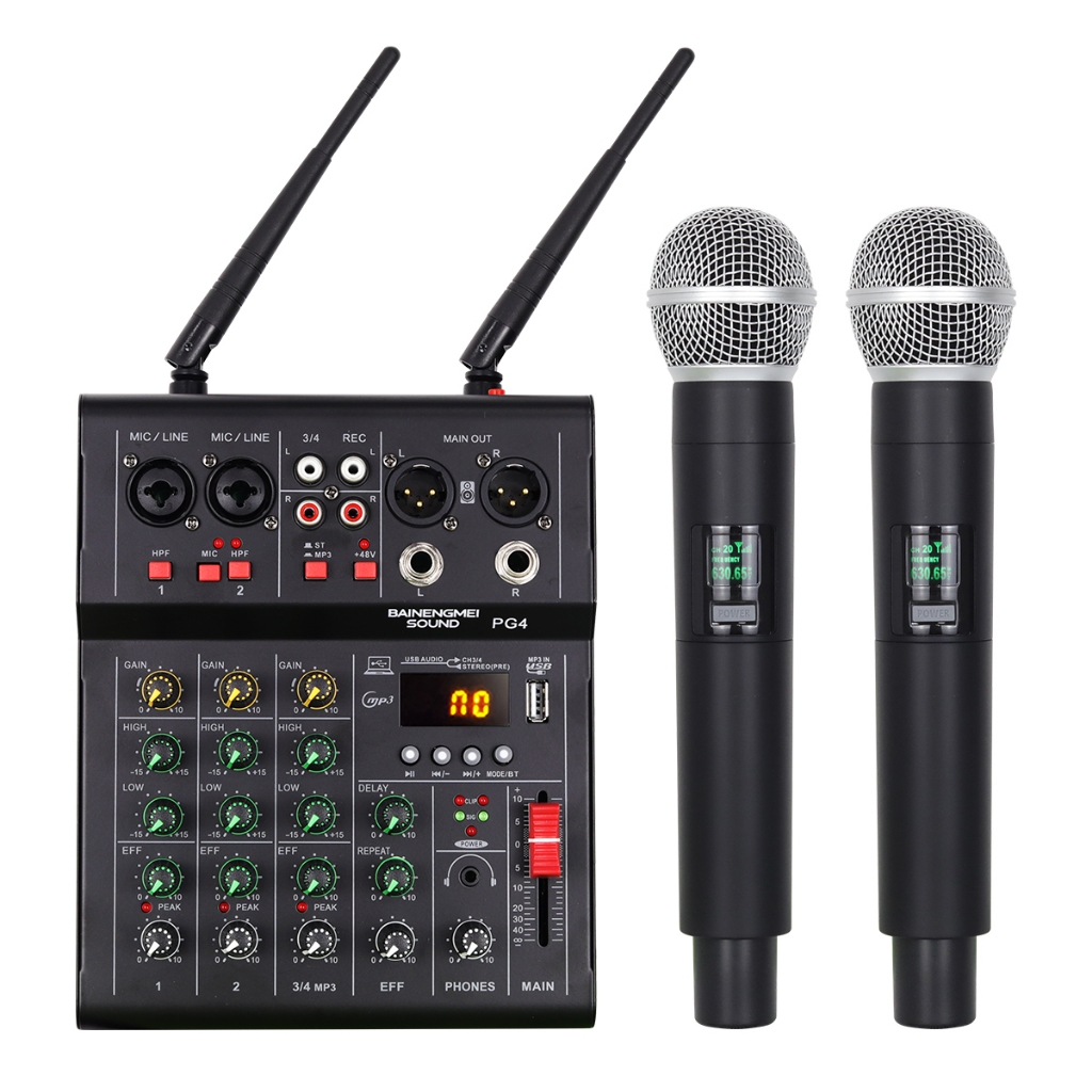 PG4 Audio Mixer 16DSP เป็นมิกเซอร์ 4 แชนแนลพร้อมไมโครโฟน เอฟเฟ็กต์ดิจิทัล DSP 16 แบบในตัว บลูทูธ และอินเทอร์เฟซ USB สำหร