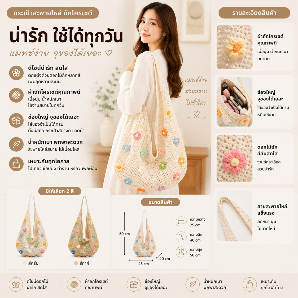 กระเป๋าถักสไตล์ลำลองแบบชิล ๆ ตกแต่งลายดอกไม้ เหมาะสำหรับใช้งานทั้งไปทำงานและวันพักผ่อน