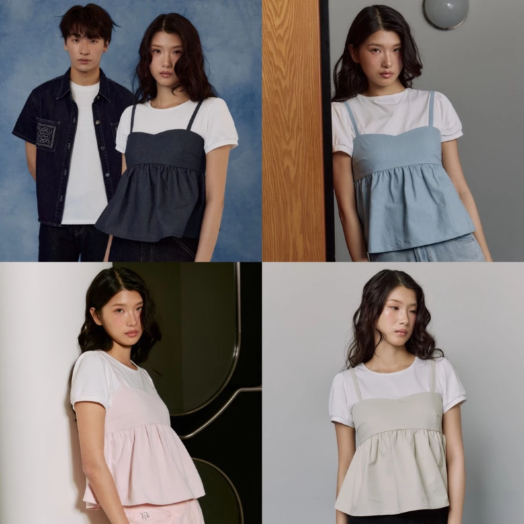 CHUUCHOP - (S-4XL) Missouri Blouse เสื้อเบลาส์ดีไซน์2เลเยอร์ แขนสั้น เก็บสัดส่วนได้ดี แมทช์ง่าย(C8616)