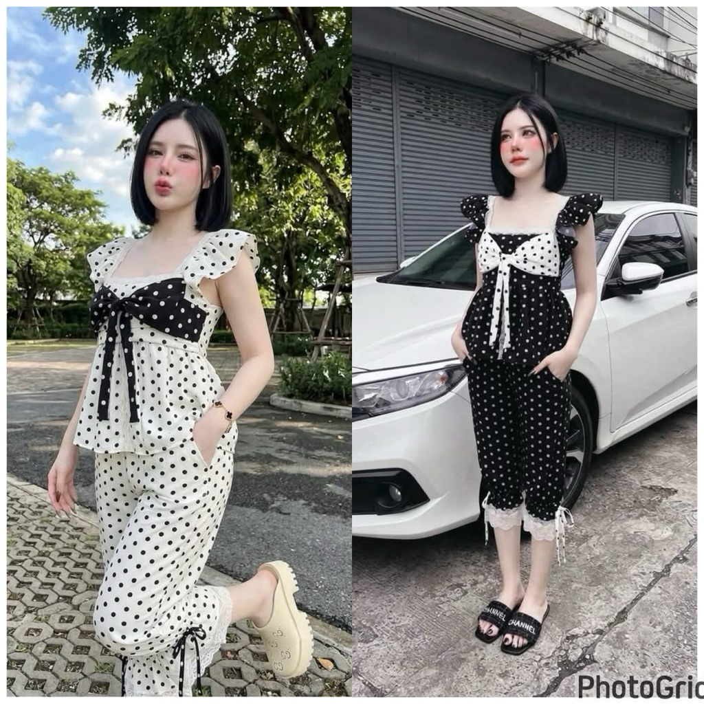 👙พร้อมส่ง👙เซทจินนี่2ชิ้นเสื้อ+กางเกงลายโพกาดอทน่ารัก