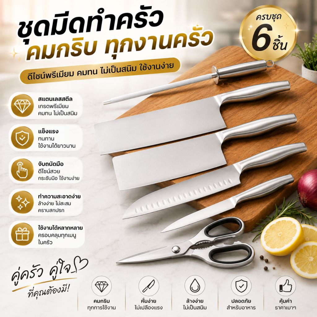 ส่งฟรี ชุดมีดญี่ปุ่น (1 เซต 6 ชิ้น) มีดแล่เนื้อ ชุดมีดทำครัว มีดแล่เนื้อสแตนเลส เหล็ก SK5 คมกริบ เกรดพรีเมี่ยม