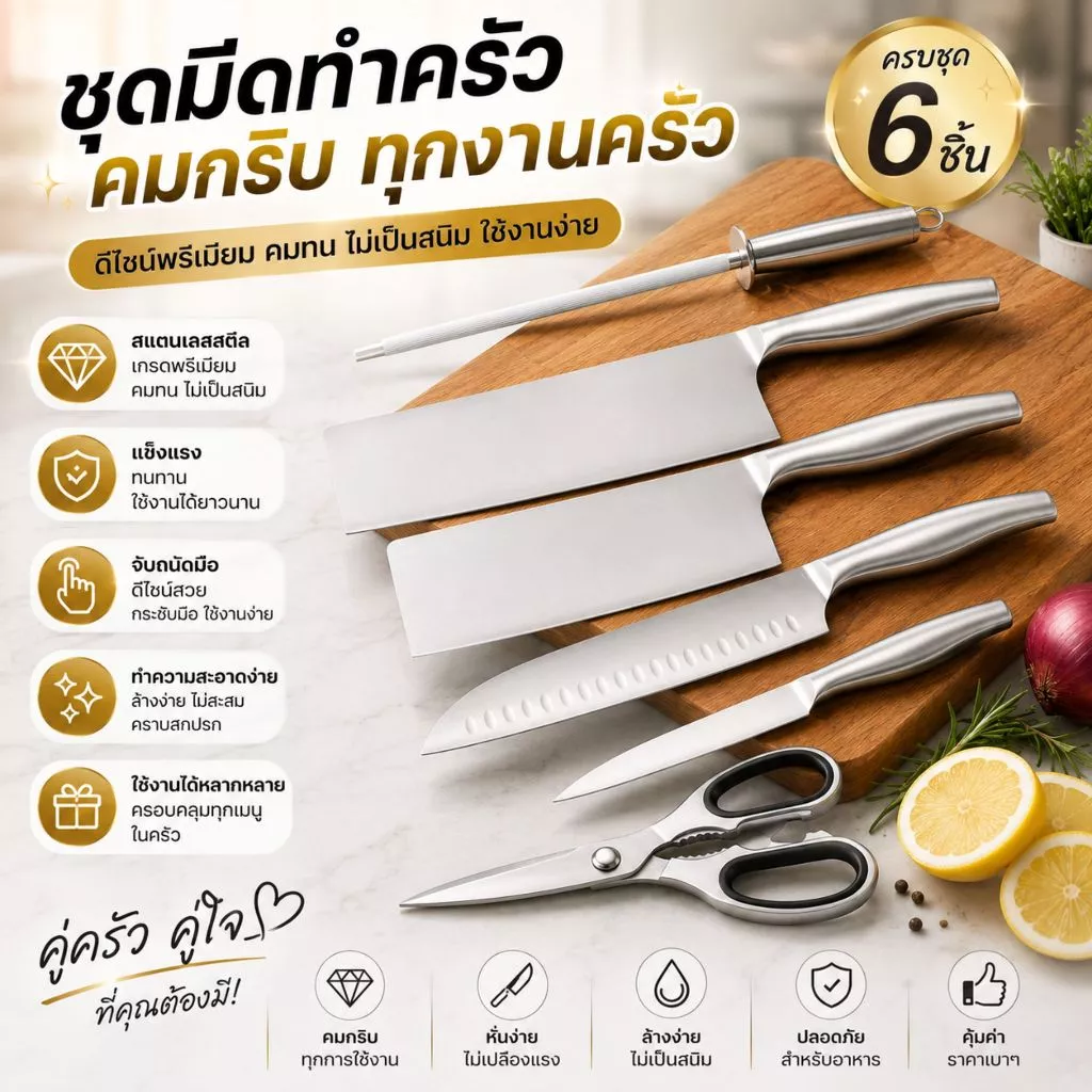 ส่งฟรี ชุดมีดญี่ปุ่น (1 เซต 6 ชิ้น) มีดแล่เนื้อ ชุดมีดทำครัว มีดแล่เนื้อสแตนเลส เหล็ก SK5 คมกริบ เกรดพรีเมี่ยม