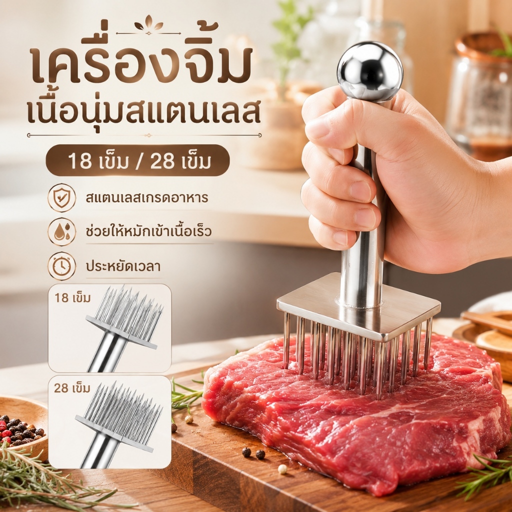 【ส้อมจี๊มเนื้อสแตนเลส】ล้างทำความสะอาดง่าย ปลอดภัย 100% เกรดอาหาร เลือก 18 หรือ 28 เข็ม เหมาะกับเนื้อทุกชนิด