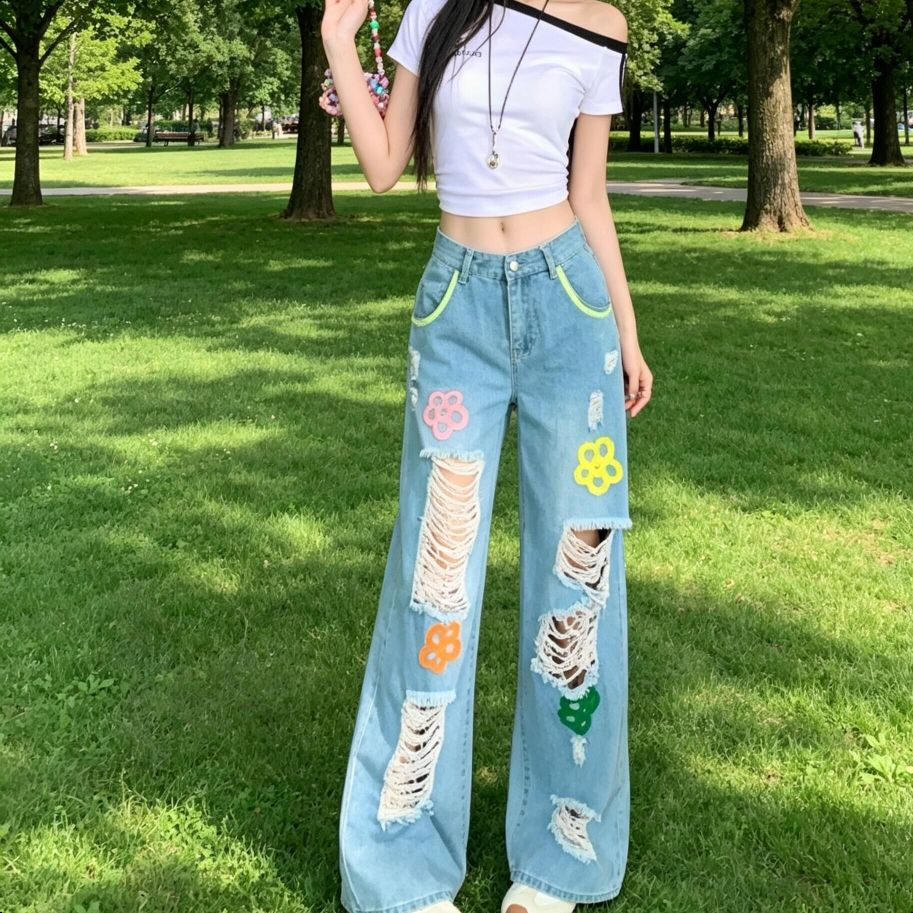 Aurae S-6XL 👖🎨 เอวสูงขากว้างการ์ตูนแปะหลุมแตกกางเกงยีนส์สีฟ้าอ่อน