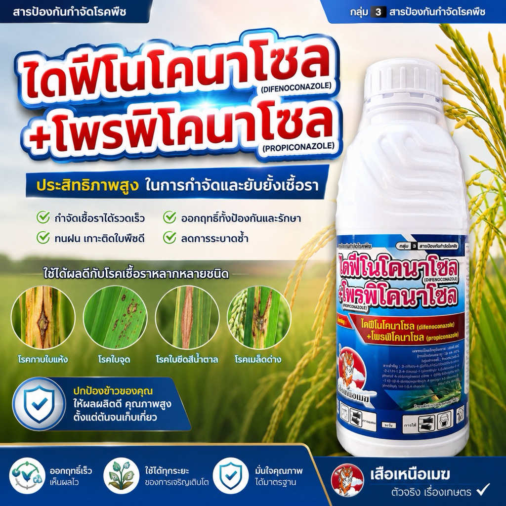 ไดฟีโนโคนาโซล (Difenoconazole) + โพรพิโคนาโซลและ เช่น โรคกาบใบแห้ง ใบจุด ใบขีดสีน้ำตาล และโรคเมล็ดด่างในนาข้าว
