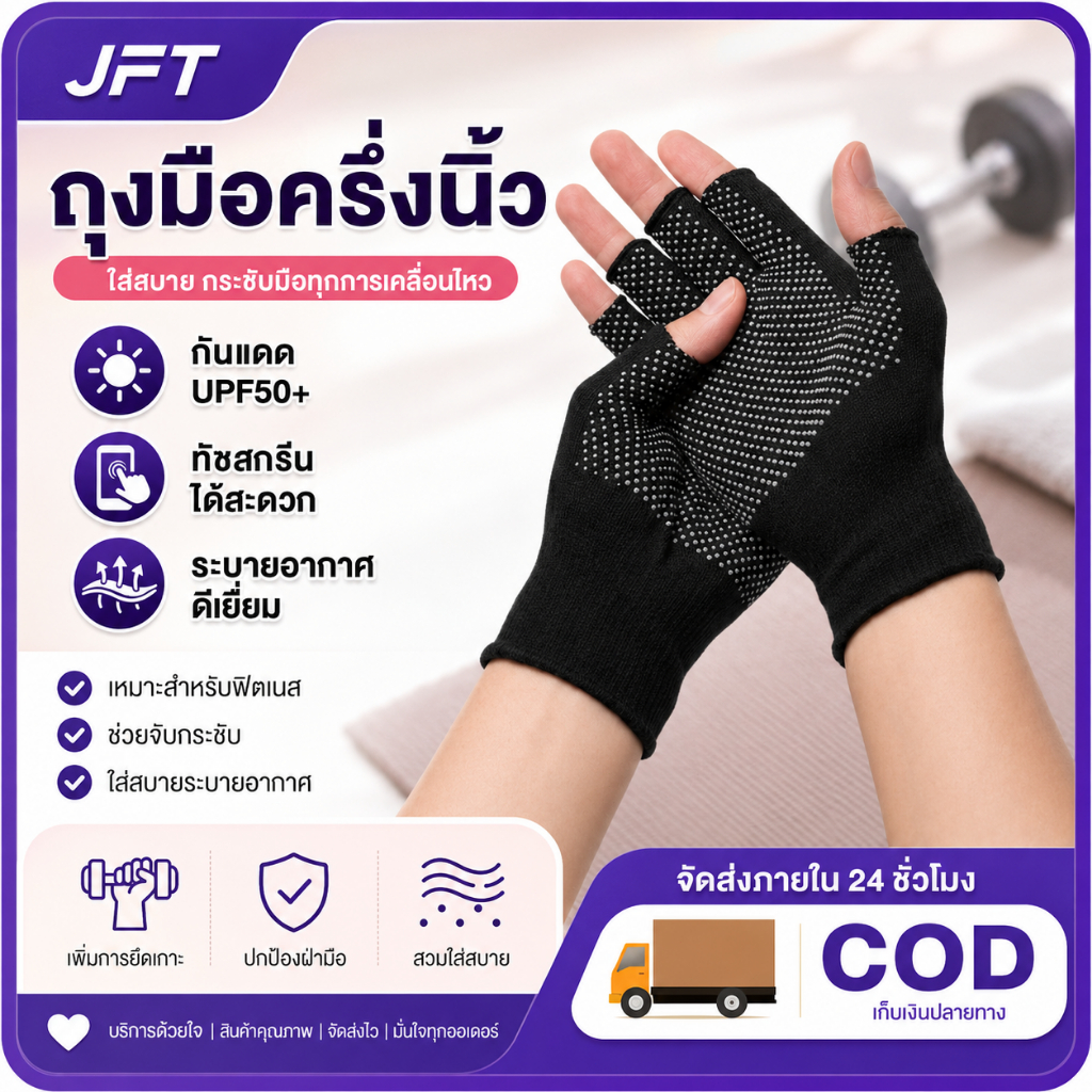 JFT ถุงมือออกกำลังกายครึ่งนิ้ว กันลื่น จับกระชับ ระบายอากาศ 