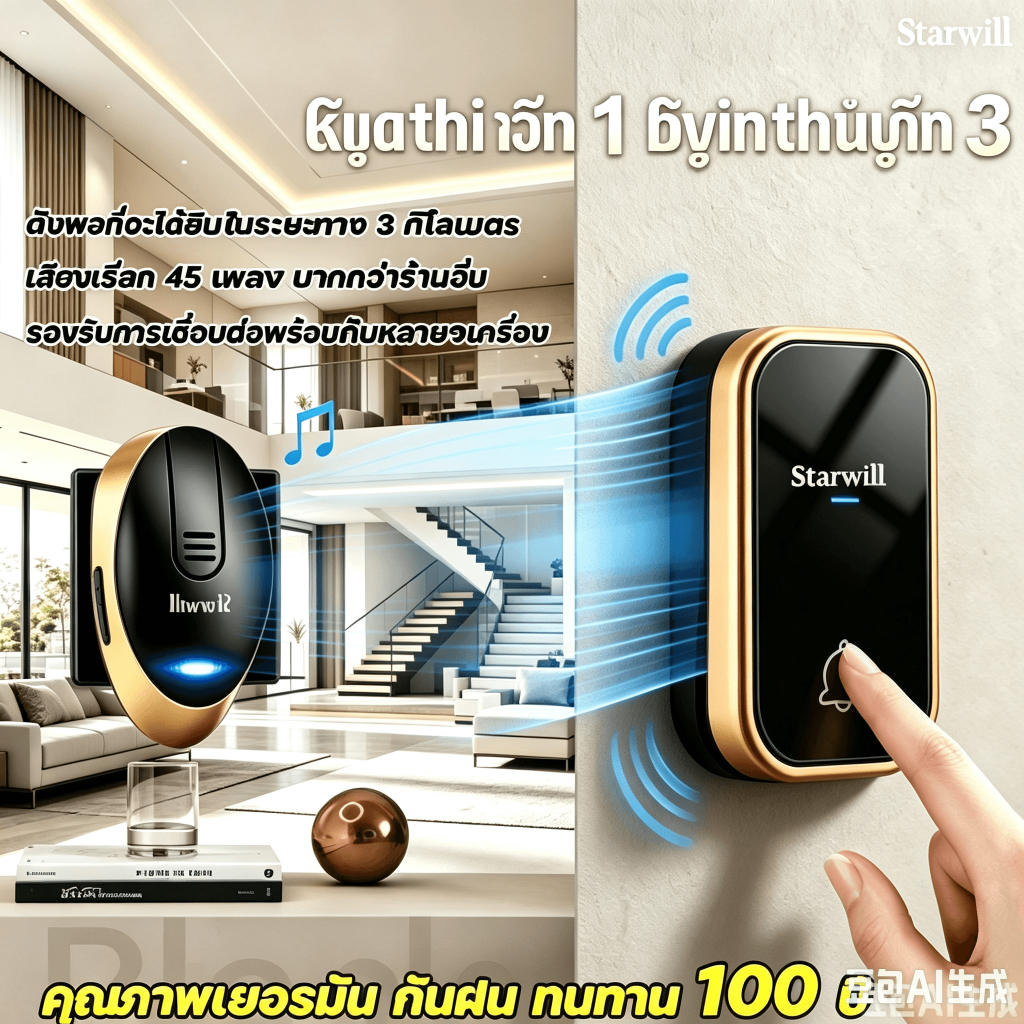 กริ่งประตูไร้สาย STARWILL ระยะ 500 ม. 45 เสียง กันฝน 220V 1 ปุ่ม 1 Receiver ออดไร้สาย