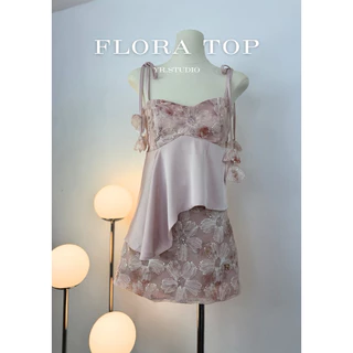 Flora Top (ราคา 390-) เสื้อสายเดี่ยวผ้าซาตินแต่งดอกไม้ handmade งานปักเลื่อม รอบอก30-42" ดีไซน์หรูหรา สำหรับผู้หญิง