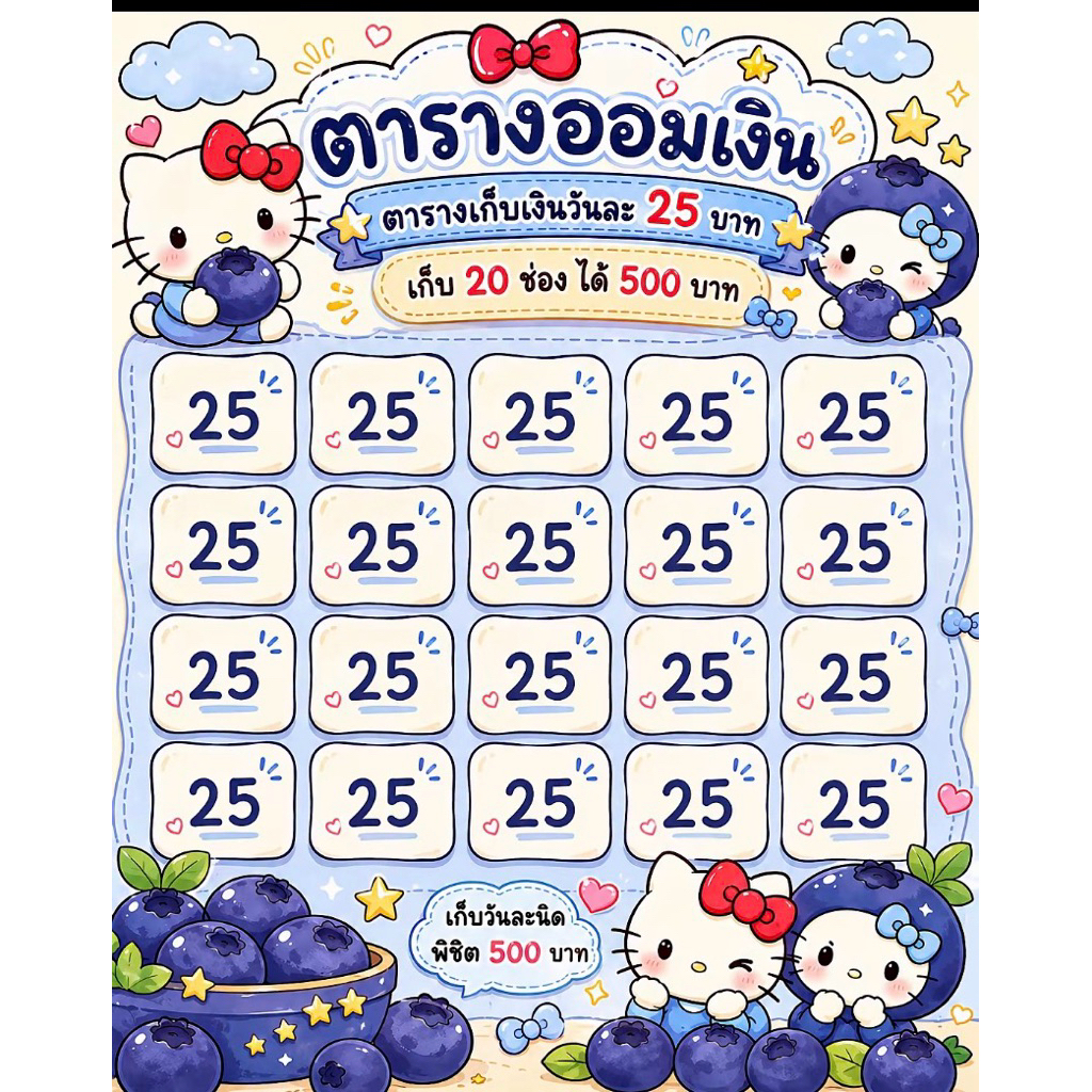 ตารางออมเงินลายการ์ตูน ขนาด 9.9 x 10.5 เซนติเมตร ออมวันละ 25 บาท (เก็บ 20 ช่อง พิชิตเป้าหมาย 500 บาท
