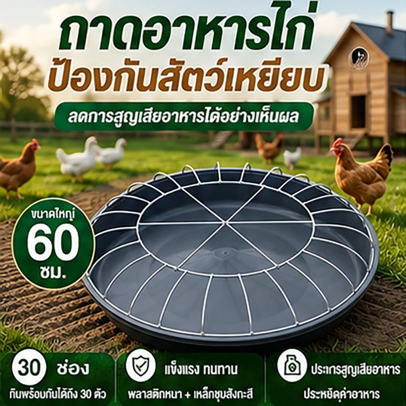 ถาดอาหารไก่ 60 ซม. 30 ช่อง พร้อมตะแกรงกันเหยียบ ถาดให้อาหารไก่ เป็ด ห่าน ลดอาหารหก พลาสติกหนา แข็งแรง สำหรับฟาร์มสัตว์ปี