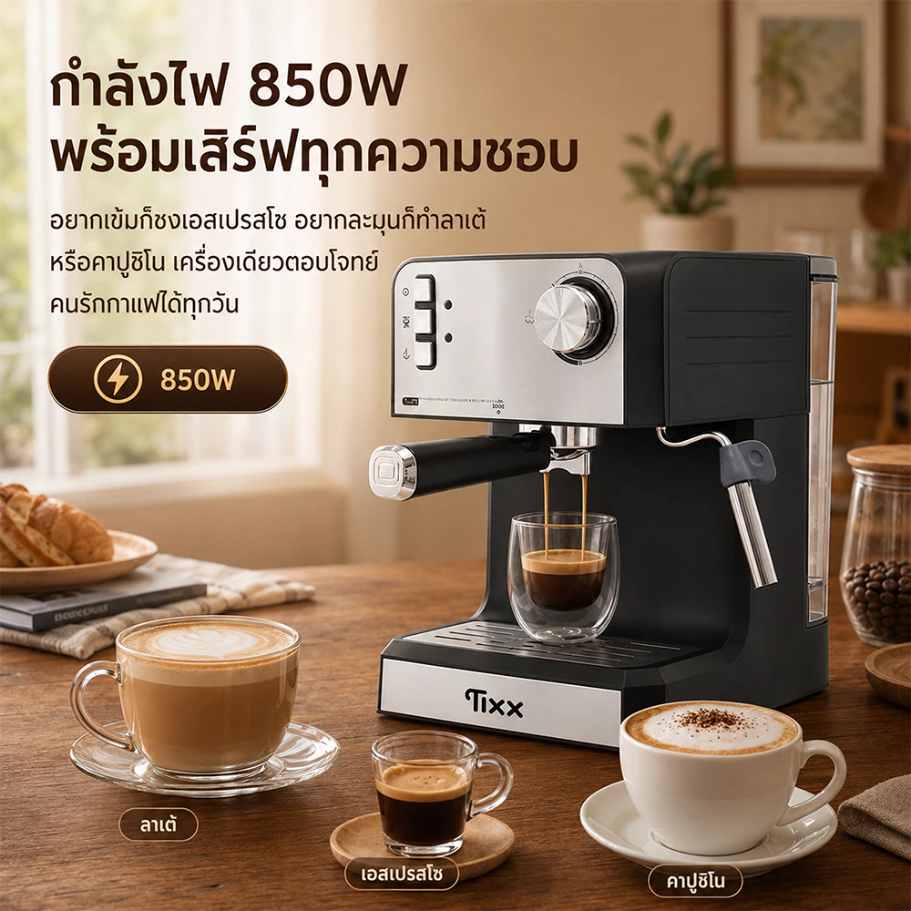Tixx เครื่องชงกาแฟสด 20 Bar กึ่งอัตโนมัติ 850W พร้อมก้านตีฟองนม ชงเอสเปรสโซ ลาเต้ คาปูชิโน่ ORM-6821 thumbnail 5
