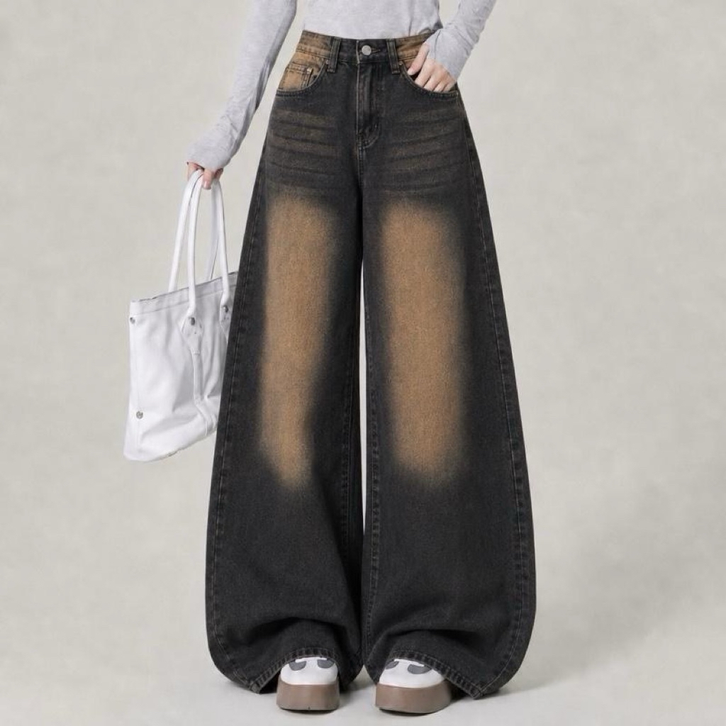 #1980 (XS-6XL) jinjeans กางเกงยีนส์ขากระบอกใหญ่ baggy jeans สีดำเฟดแดง