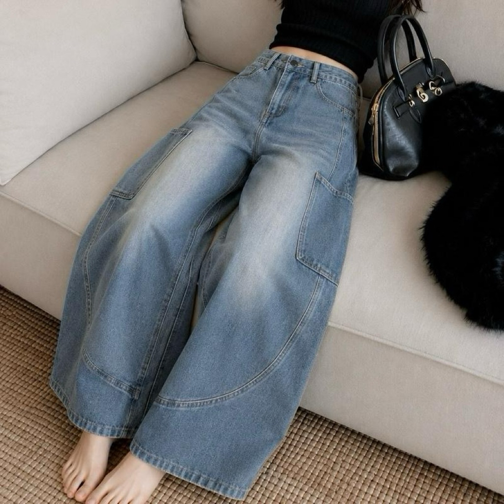 JINJEANS-584 (XS-6XL) Barrel คาร์โก้ สีบลูเฟด unisex