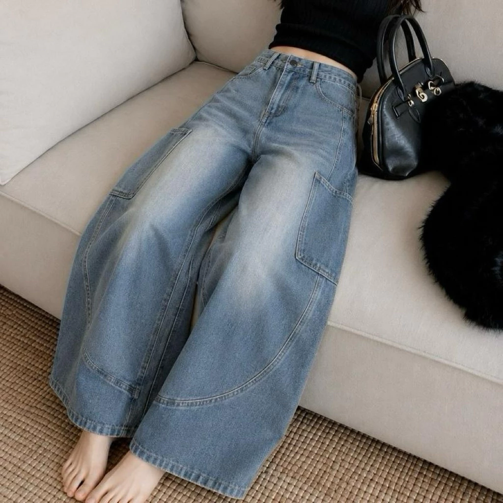 JINJEANS-584 (XS-6XL) Barrel คาร์โก้ สีบลูเฟด unisex