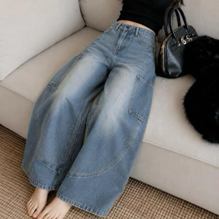 JINJEANS-584 (XS-6XL) Barrel คาร์โก้ สีบลูเฟด unisex
