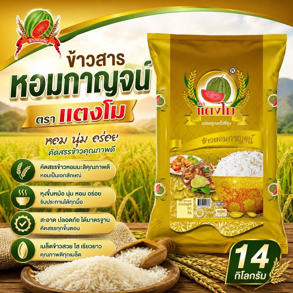 ข้าวสาร หอมกาญจน์ ตราแตงโม 14 กก. มาตราฐานสากล GHP&HACCP คัดเมล็ด ข้าวนิ่มหอมฟู หุงขึ้นหม้อ