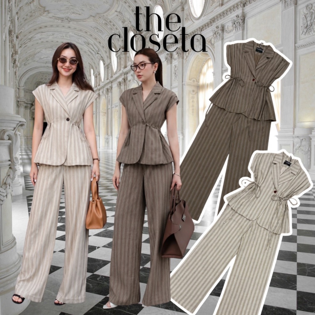 THE CLOSETA : LB641 ชุดเสื้อแขนล้ำ+กางเกงขายาวลายริ้ว