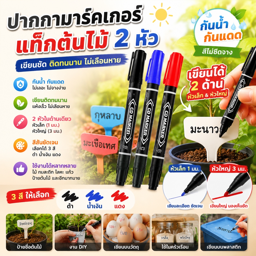 ปากกาเขียนป้าย หัว2ด้าน ปากกาเขียนป้ายชื่อต้นไม้ เขียนแก้วน้ำ ปากกามาร์คเกอร์ กันน้ำ ติดทน ปากกา Marker มี3สีให้เลือก