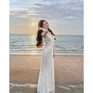 🌅💫Elena Dress💫🌅 เดรสยาวสีขาวลูกไม้ ดีไซน์คอวีสายเดี่ยว EN