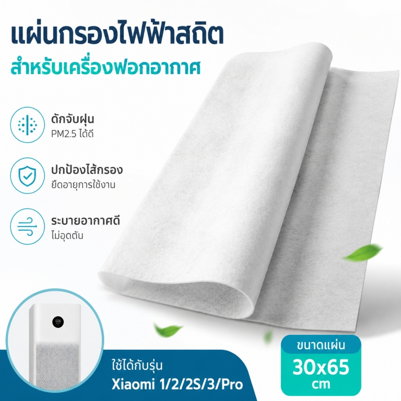 แผ่นกรองไฟฟ้าสถิต สำหรับ Xiaomi Mi Air Purifier 1/2/2S/3/Pro | ดักฝุ่น PM2.5 ขนสัตว์ ยืดอายุไส้กรอง 30x65ซม.