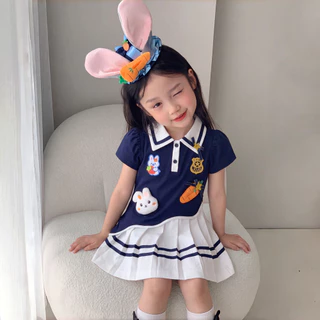 PRINCESS KESLI 1-9 ปี ชุดเดรสสาว เดรสโปโลเด็กผู้หญิง กระต่าย กระโปรงจีบสีขาว ผ้านิ่มใส่สบาย สไตล์น่ารัก ชุดเด็ก