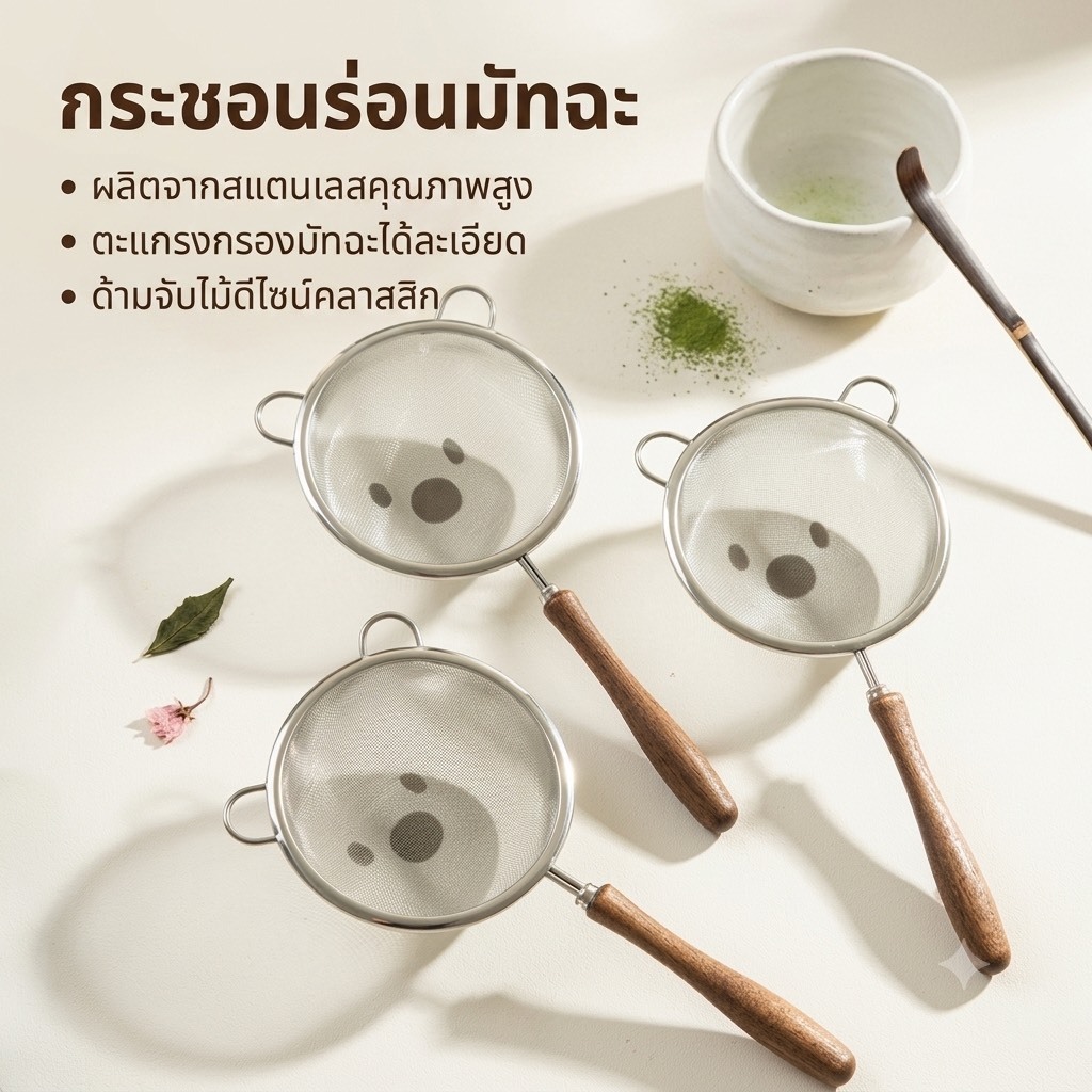 ShopAt.Two[KC-3097] กระชอนร่อนผงมัทฉะ ร่อนผงชา กระชอนสแตนเลส​ ด้ามจับไม้