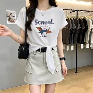 เสื้อครอปน่ารักสไตล์เกาหลี oversize เสื้อผ้าสาวอวบอ้วนไซส์ใหญ่ เสื้อยืดแบบหลวมสวยๆผู้หญิงแฟชั่นแฟชั่นมาใหม่ ผ่าด้านหลัง