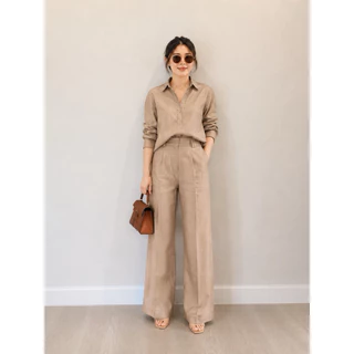 ชุดเซ็ตเชิ้ตลินินคู่กางเกงทรงกระบอก detailหูคู่เก็บทรงสวยS-3XL✅
